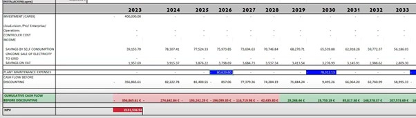 Table showing CAPEX cash flow for the estimated plant inspection and maintenance costs.